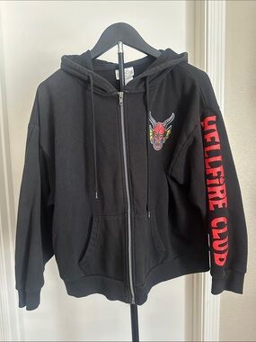 Black Zip Hoodie with Red 'Hellfire Club' Sleeve and Demon Patch